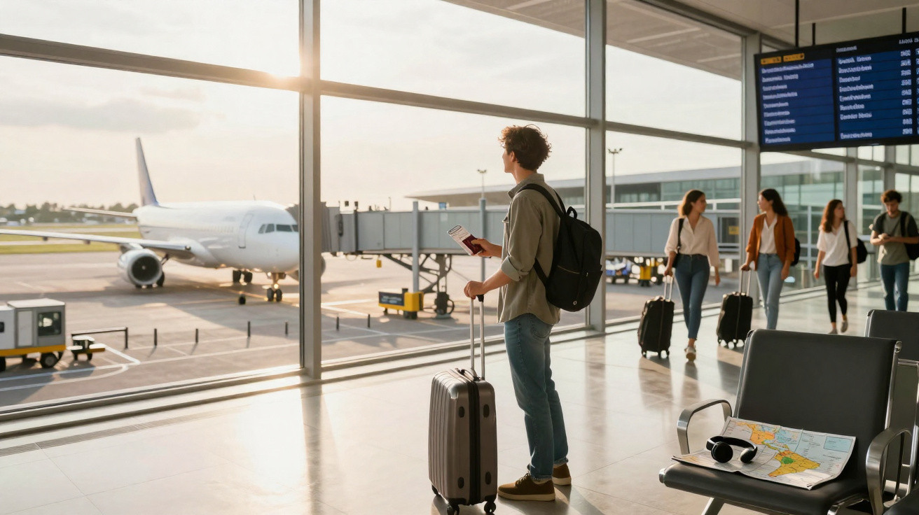 Jovem com mala e passaporte observa avião na janela do aeroporto enquanto passageiros caminham ao fundo.