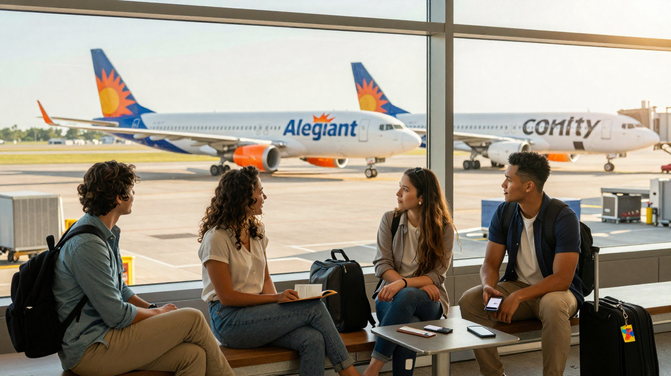 Quatro jovens conversam sentados em banco no aeroporto com dois aviões ao fundo na pista.