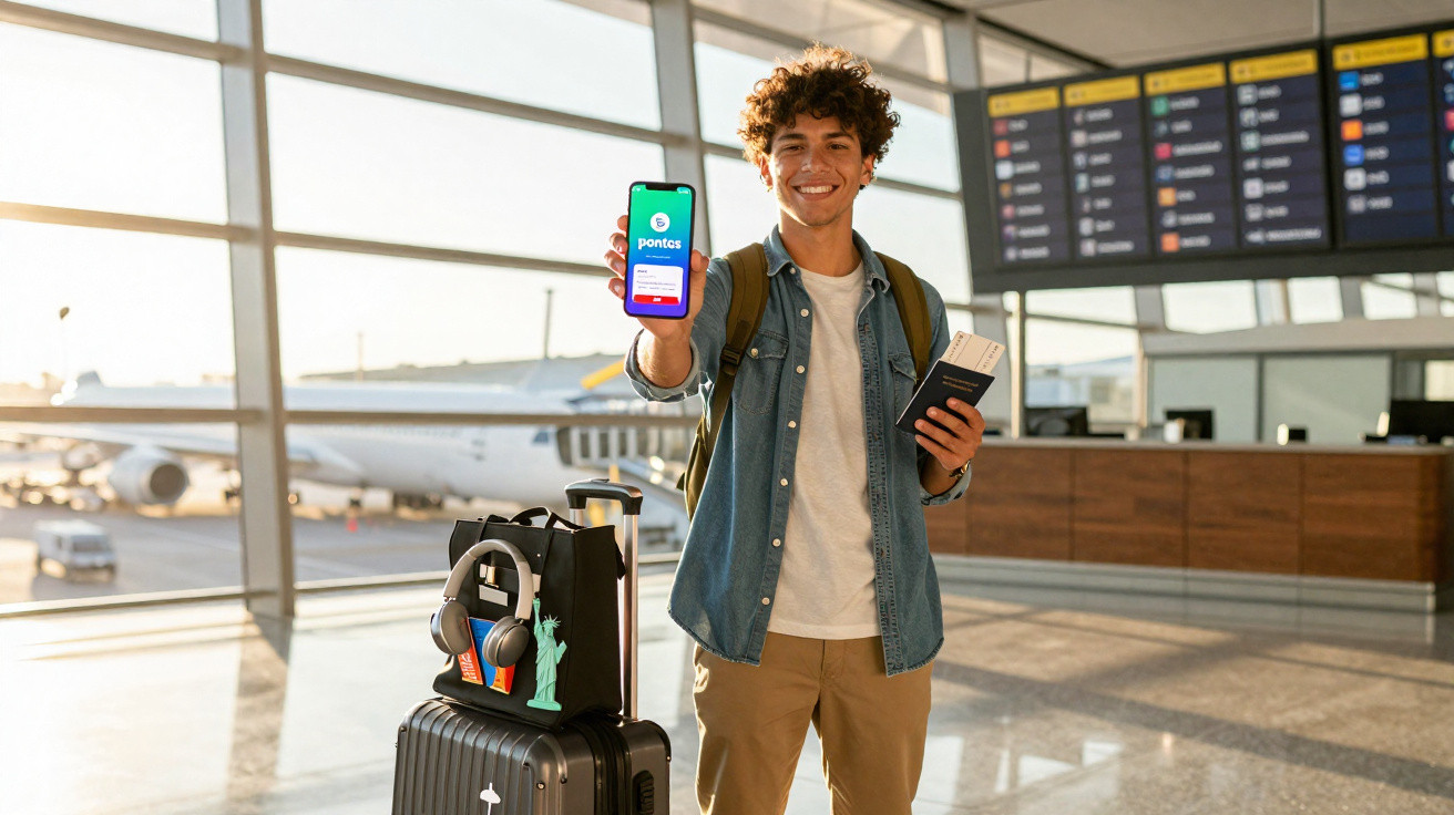 Jovem sorridente no aeroporto segurando celular com app aberto e passaporte, ao lado de malas e fones de ouvido.