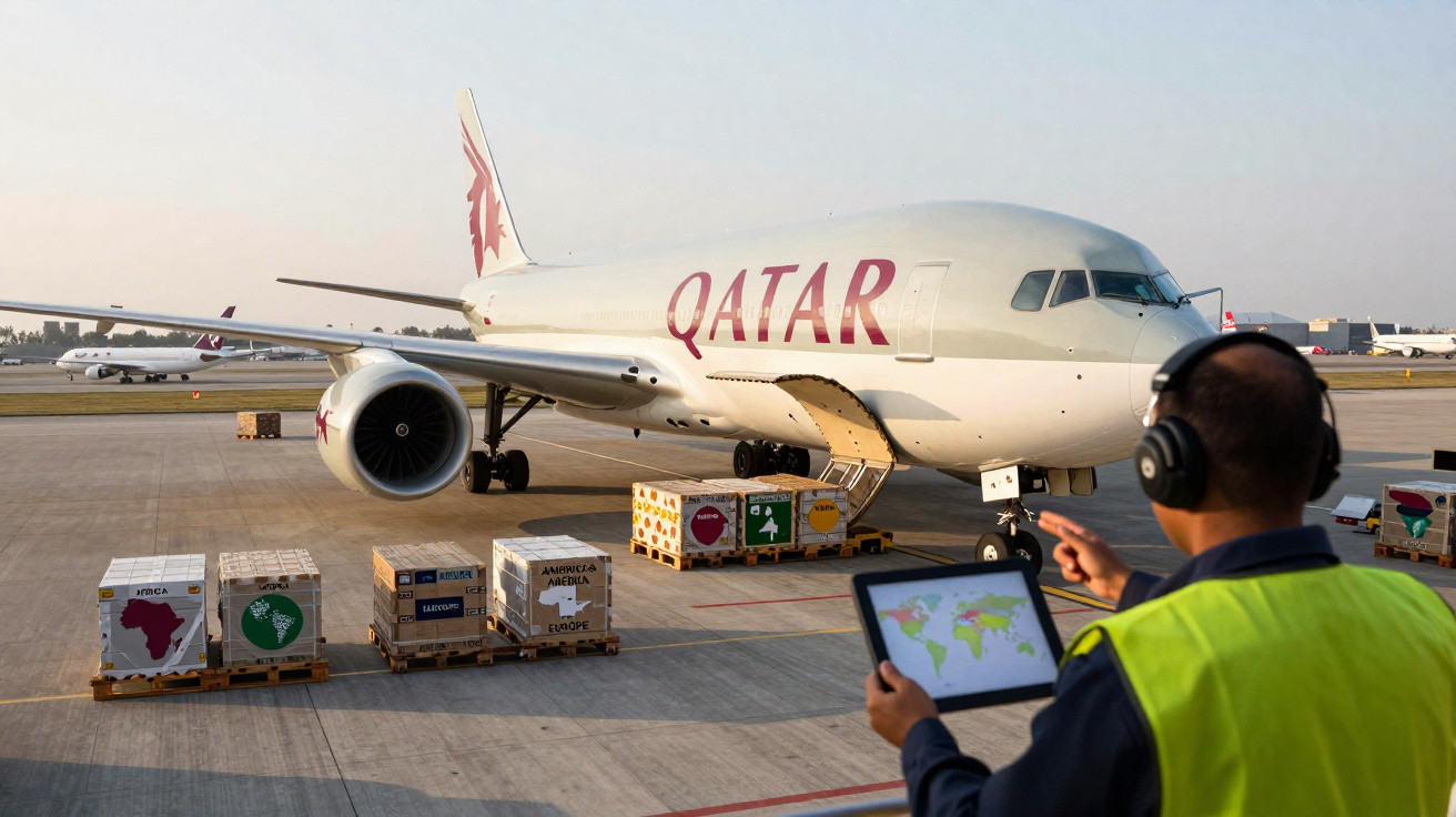 Avião da Qatar Airways carregando cargas no aeroporto com funcionário operando tablet.