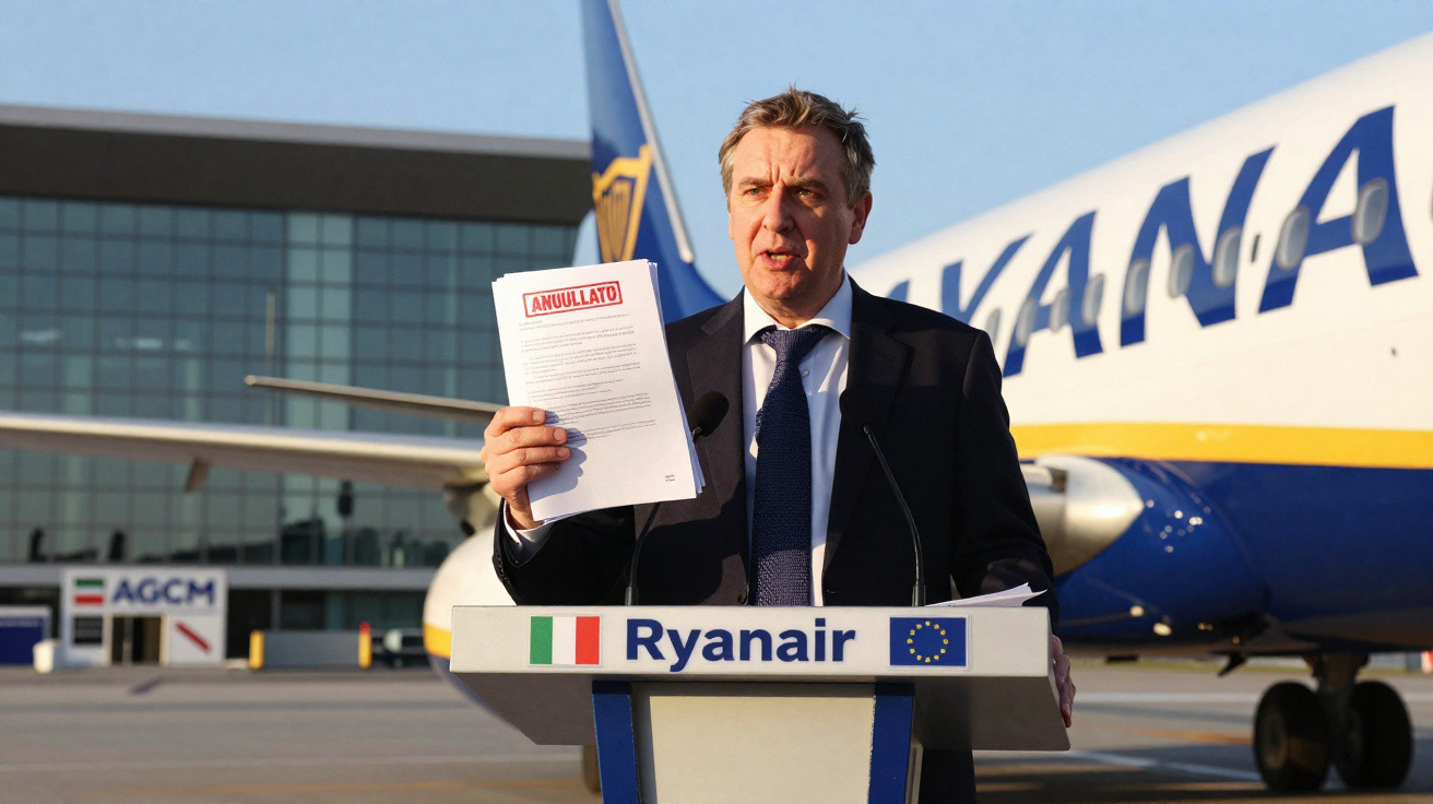 Homem em terno fala em púlpito da Ryanair com avião ao fundo segurando documento com texto "Annullato".