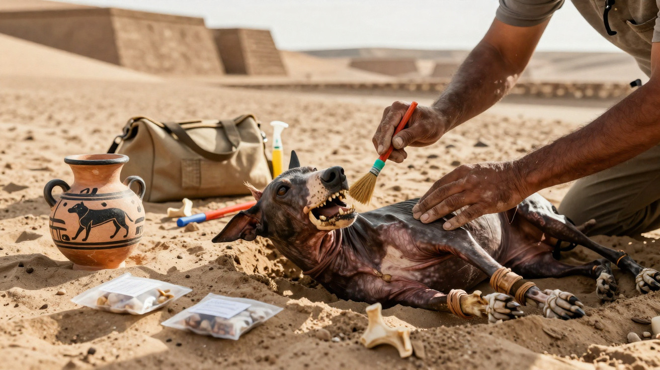 Pessoa limpando cão mumificado enterrado em areia ao lado de utensílios arqueológicos em sítio.