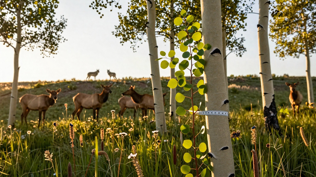 Veados e cervos entre árvores altas e gramíneas iluminados pela luz dourada do pôr do sol.