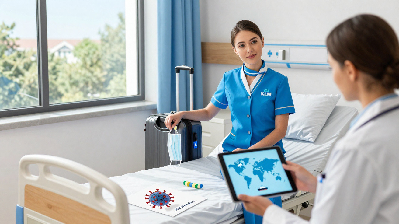 Mulher com uniforme da KLM sentada em leito hospitalar, conversando com médica que segura tablet com mapa mundial.