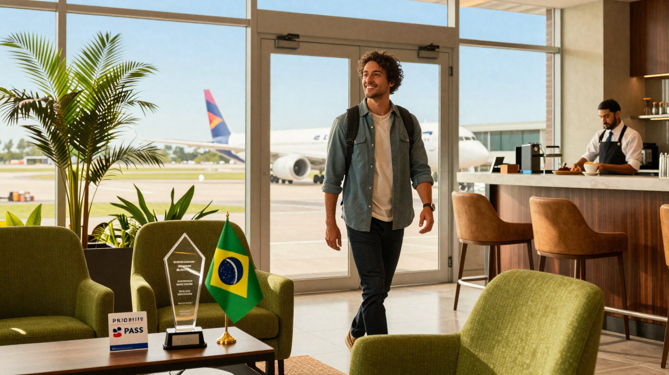 Homem sorridente entrando em sala VIP de aeroporto com avião visível pela janela ao fundo.