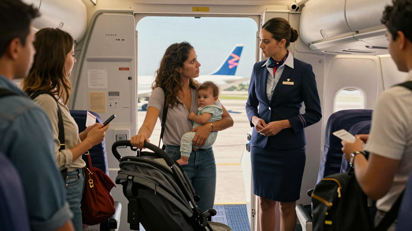 Passageira com bebê conversa com comissária ao embarcar enquanto outros passageiros aguardam no avião.