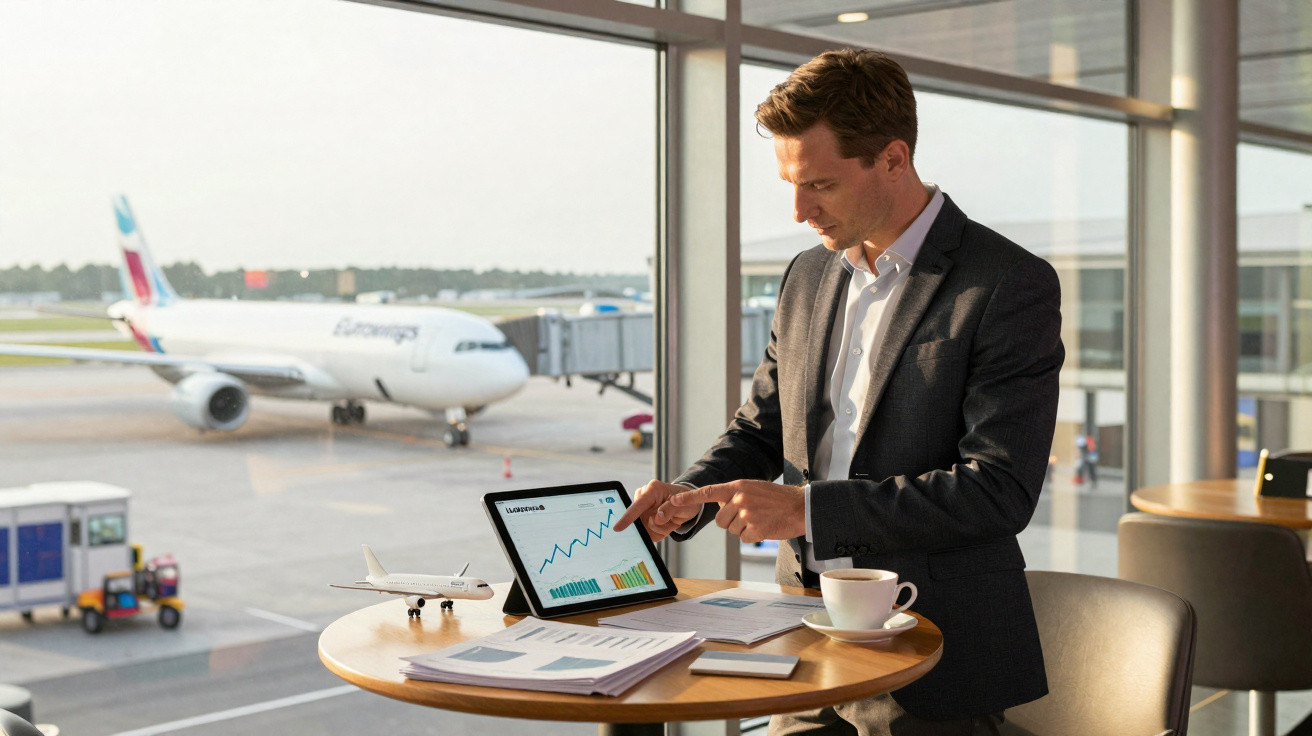 Homem de negócios em aeroporto analisando gráficos em tablet com avião ao fundo.
