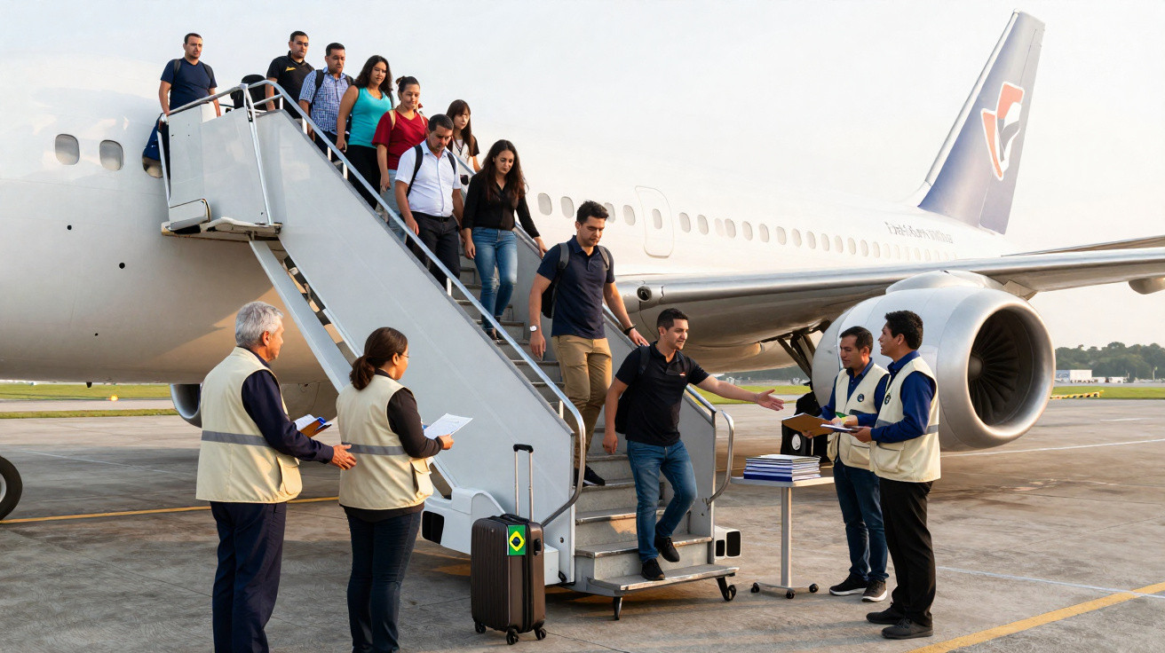 Passageiros descendo de avião por escada móvel no aeroporto, com equipe de apoio terrestre recebendo documentos.