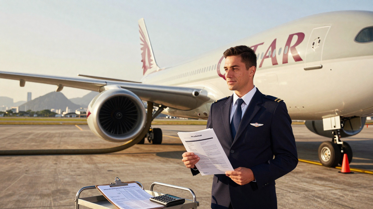 Piloto em uniforme azul revisa documentos ao lado de avião da Qatar Airways no aeroporto ao entardecer.