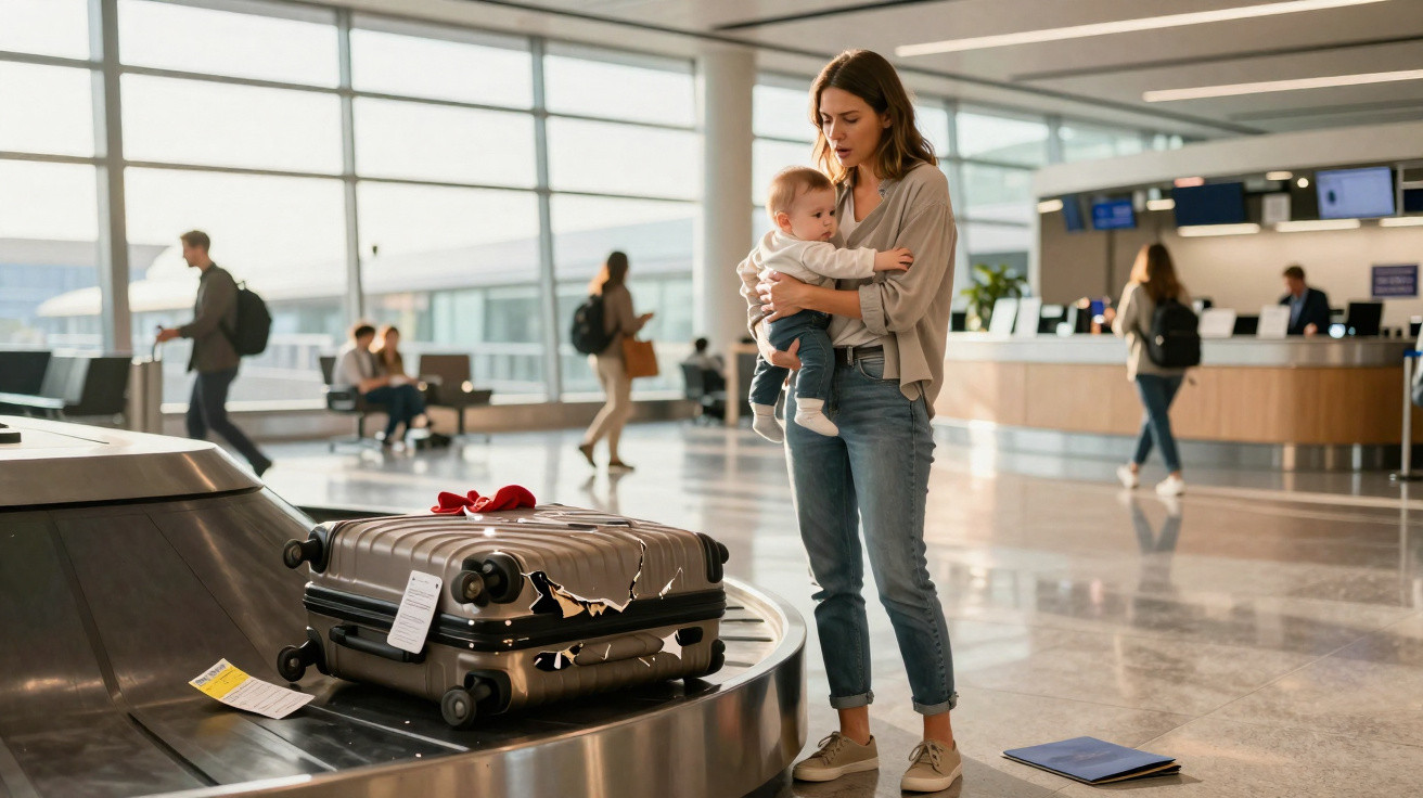 Mulher segurando bebê observa mala danificada em esteira de bagagens no aeroporto.