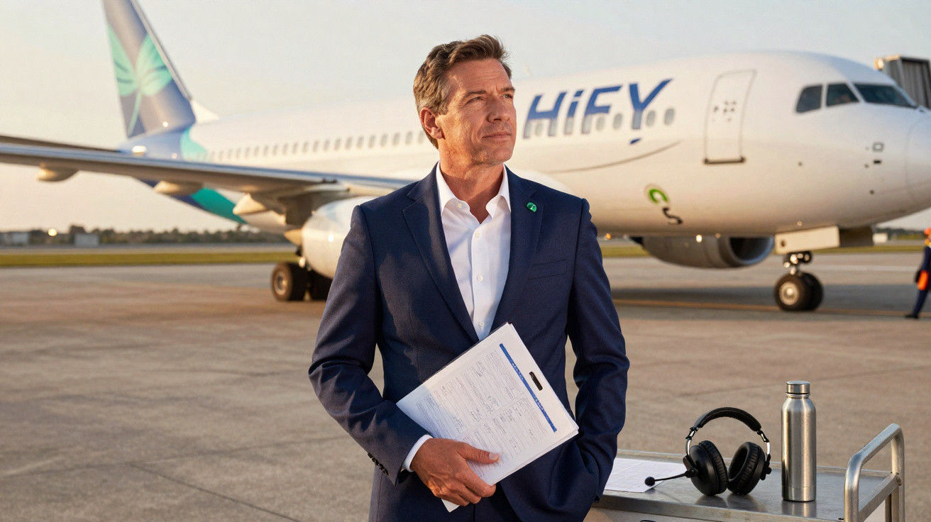 Homem de terno azul segura documentos em aeroporto, com avião HIFLY ao fundo durante o dia.