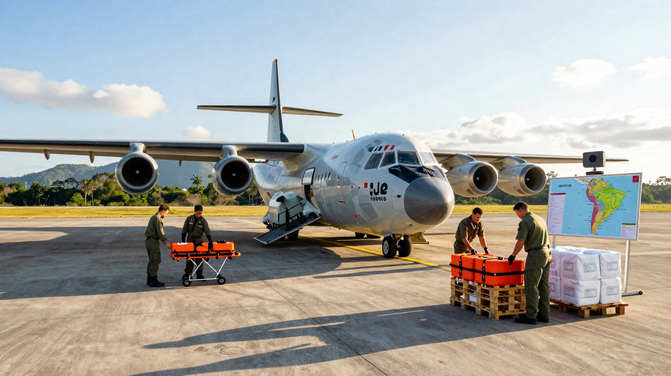 Soldados descarregam caixas e macas de avião de carga militar estacionado em pista de aeroporto.