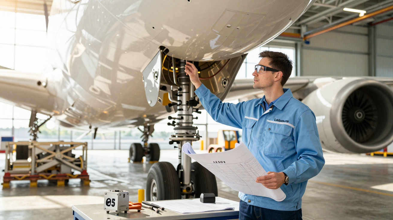 Técnico em manutenção aérea inspecionando trem de pouso de avião em hangar com planta na mão.