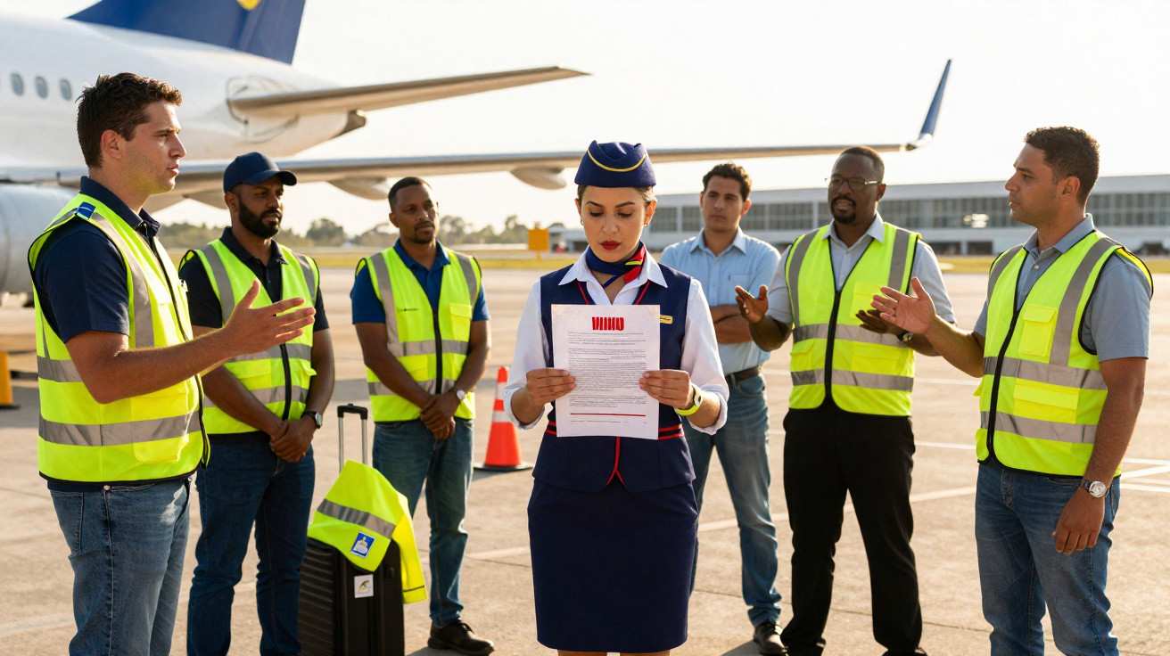 Comissária de bordo lendo documento para equipe de solo vestindo coletes refletivos no aeroporto.