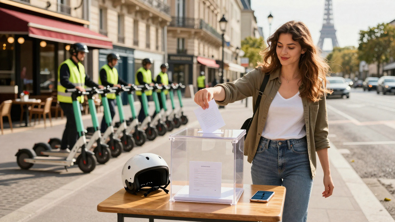 Mulher votando em urna transparente na rua com capacete e patinetes ao fundo, Torre Eiffel ao longe.