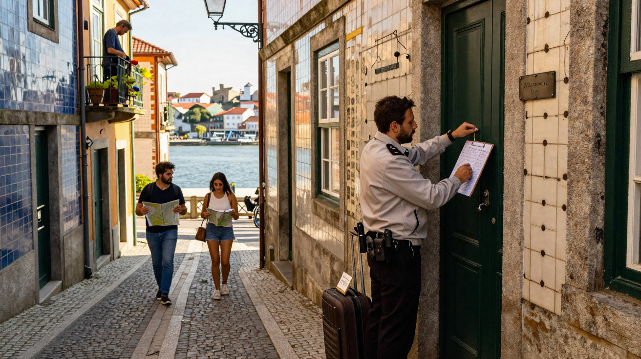 Policial de uniforme registra ocorrência na porta de residência em rua de pedra com casal caminhando e homem na janela.