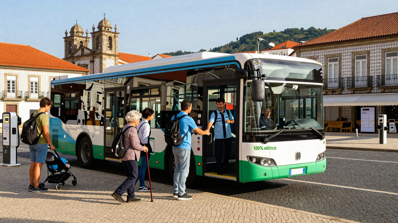 Ônibus elétrico verde e branco com passageiros embarcando em praça urbana histórica sob sol claro