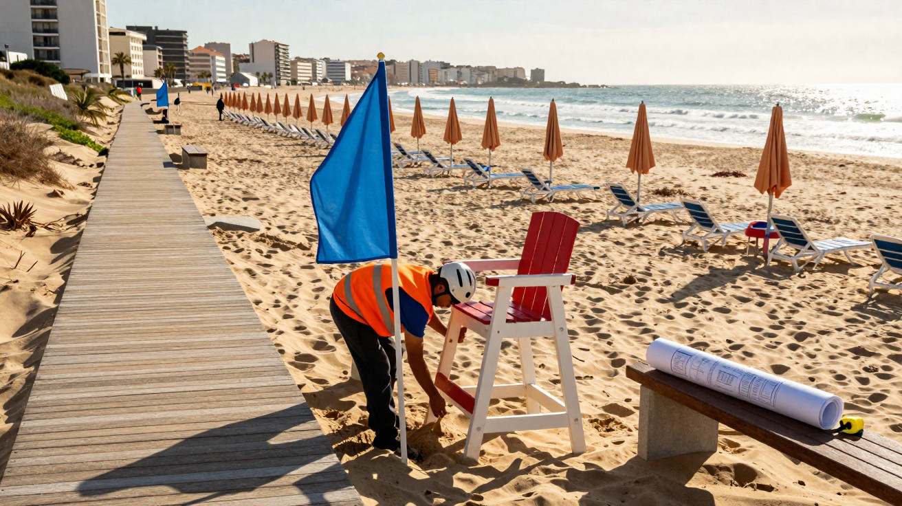 Homem com colete laranja ajusta cadeira de salva-vidas na praia com cadeiras e guarda-sóis ao fundo.