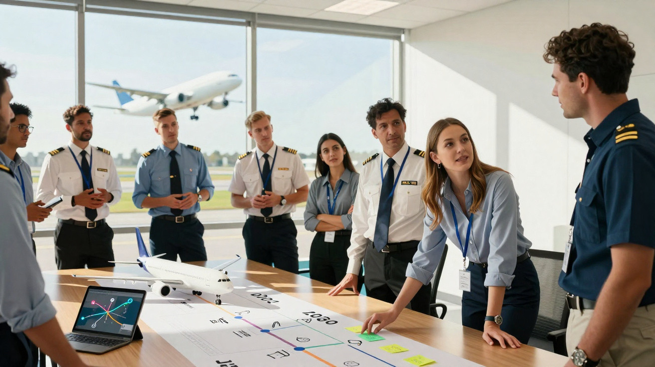 Equipe de pilotos e profissionais discutindo planejamento de voo em sala com avião de modelo e voo ao fundo.