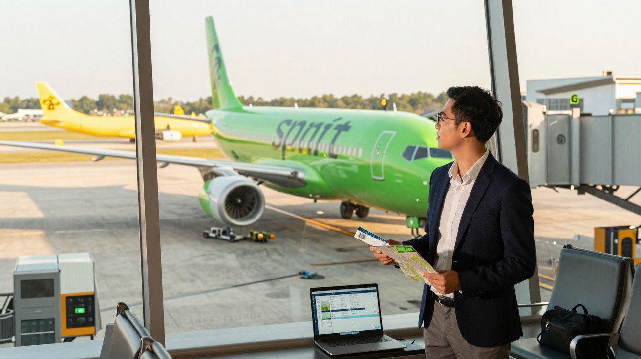 Homem com terno olhando avião verde da Spirit no portão do aeroporto, com mapa e laptop à frente.