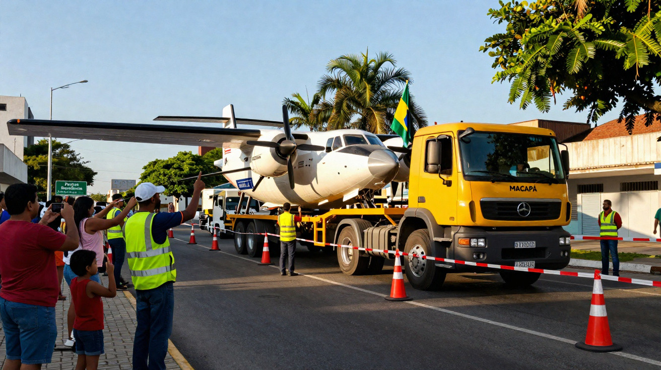 Caminhão amarelo transporta avião branco em rua, com pessoas observando e tirando fotos ao redor.