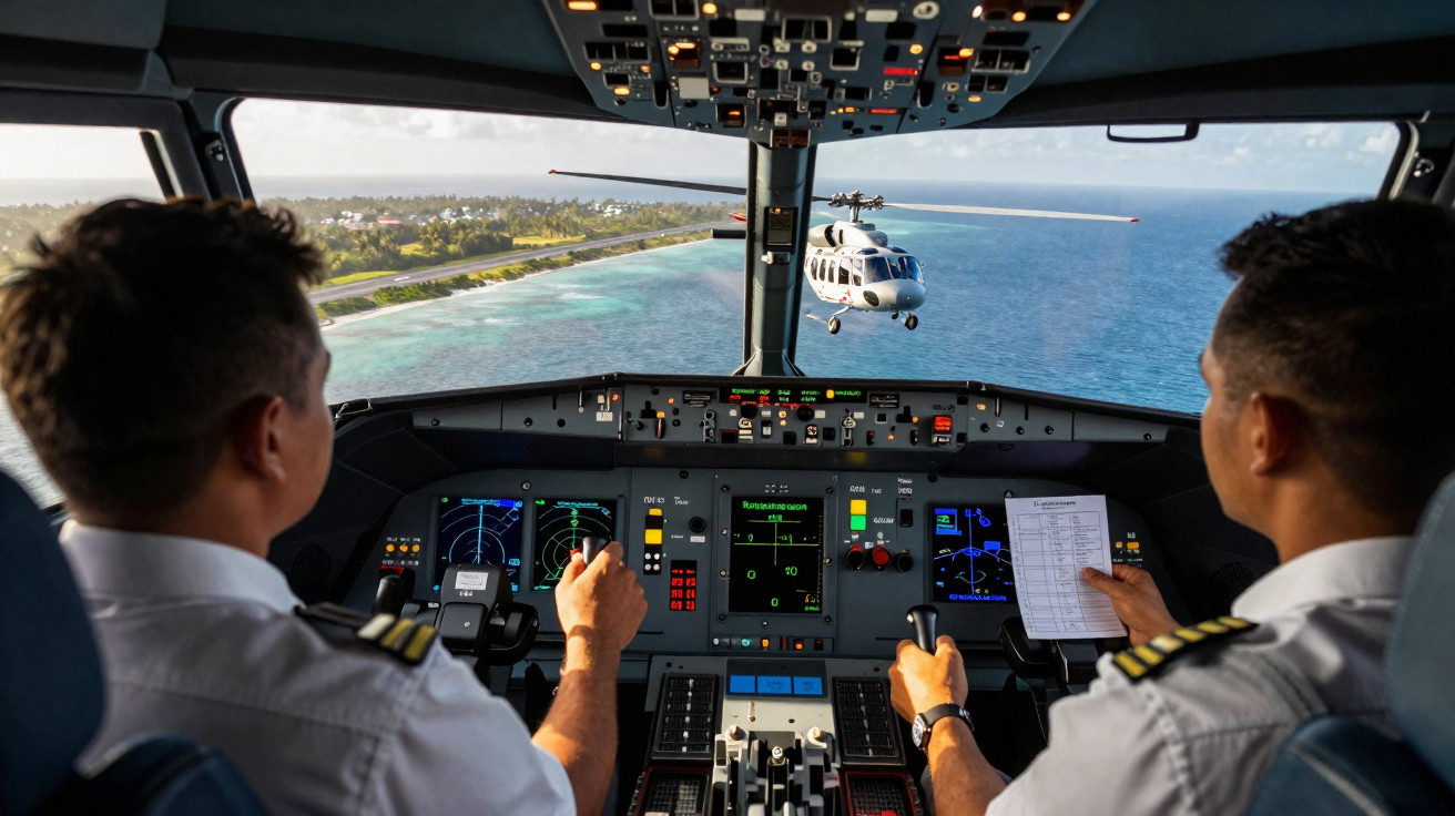 Dois pilotos na cabine de comando de um avião, com um helicóptero voando sobre o mar à frente.