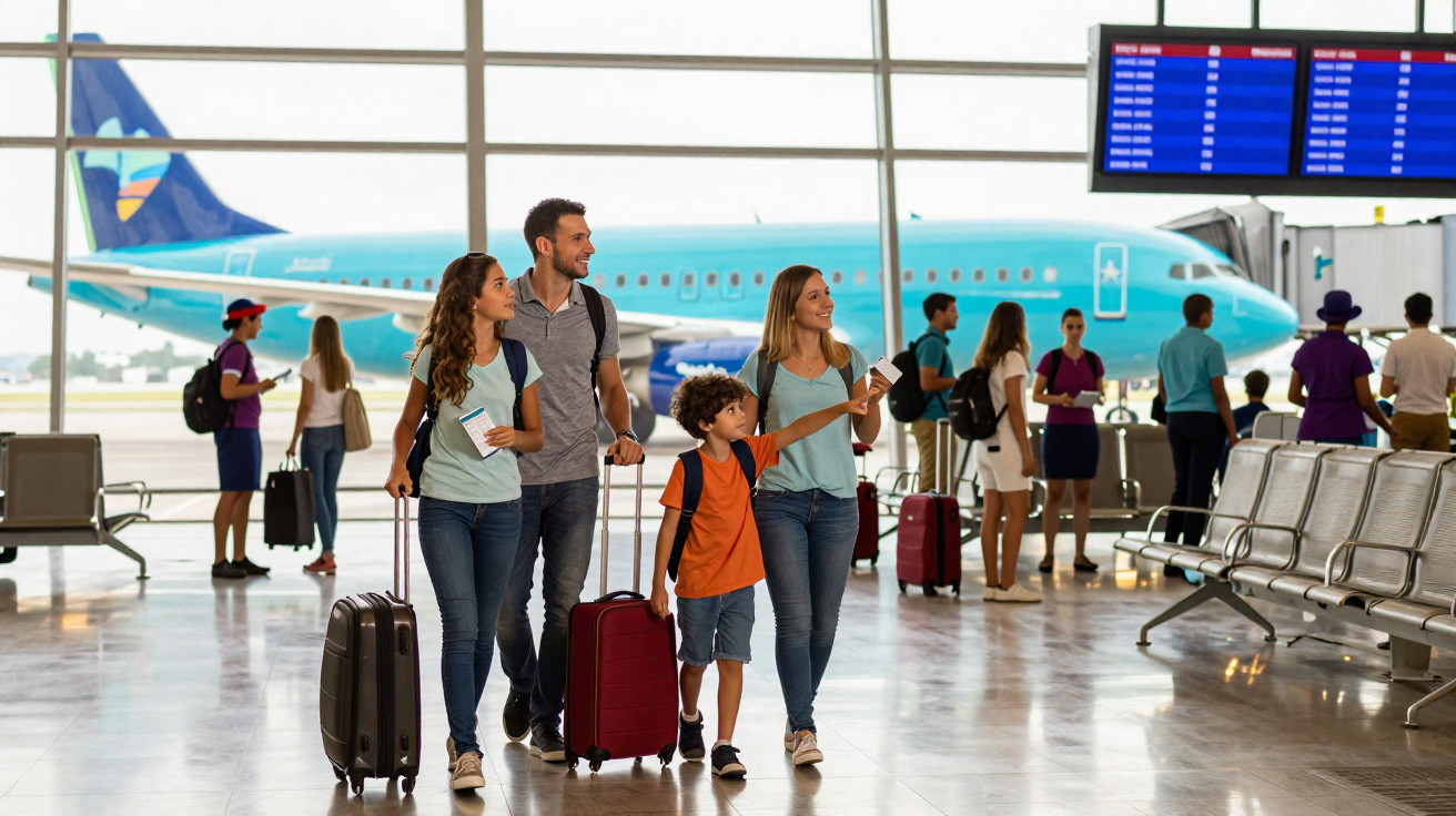 Família com duas crianças caminhando no aeroporto com malas e avião azul ao fundo.