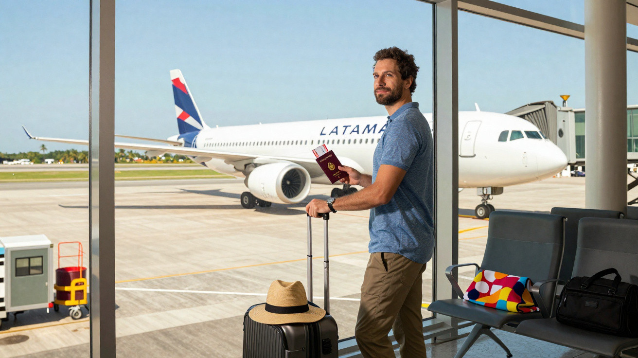 Homem em aeroporto segurando passaporte e mala, com avião LATAM ao fundo na pista.