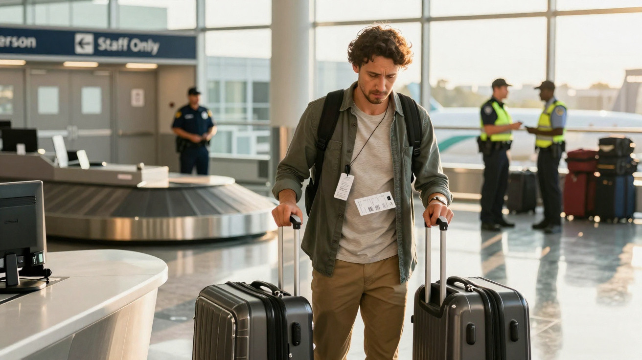 Homem puxando duas malas na área de bagagens do aeroporto com agentes ao fundo.