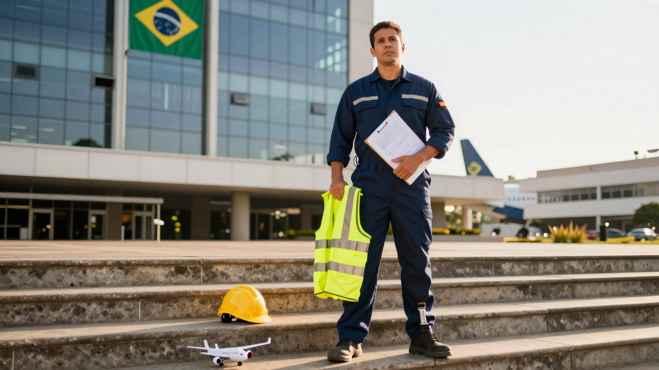 Homem de uniforme azul em aeroporto, segurando colete refletivo e prancheta, com capacete e mini avião no chão.
