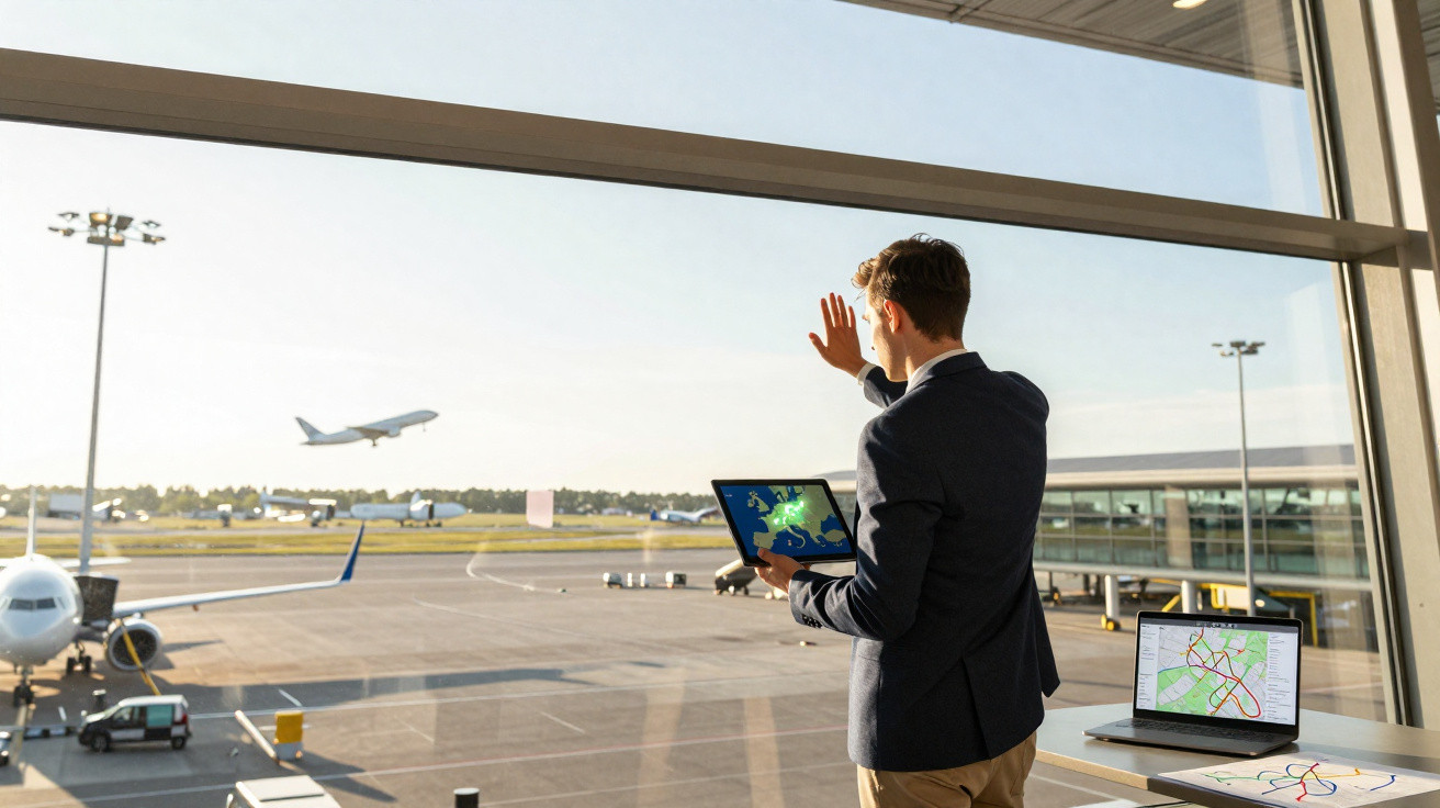 Homem com tablet observa avião decolando em aeroporto, ao lado de laptop com mapa aberto na mesa.