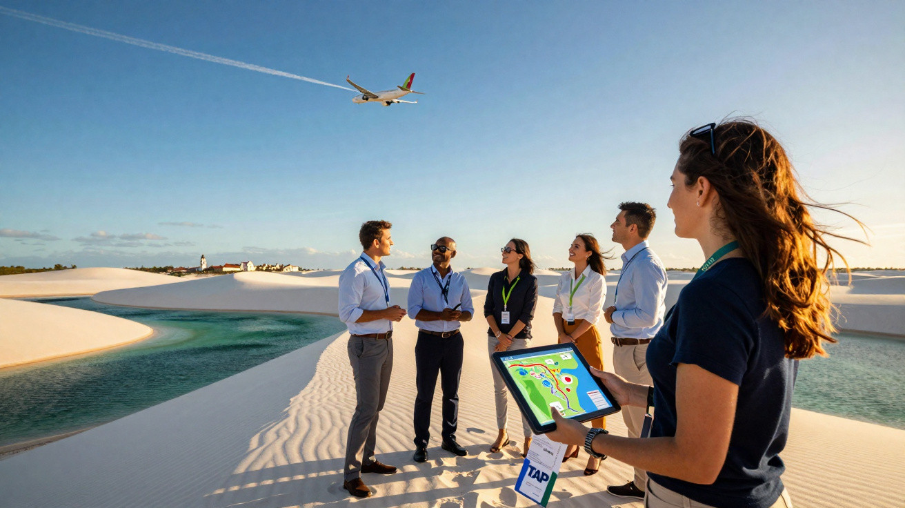 Grupo de pessoas em reunião nas dunas com avião voando ao fundo e mulher com tablet em destaque na direita.