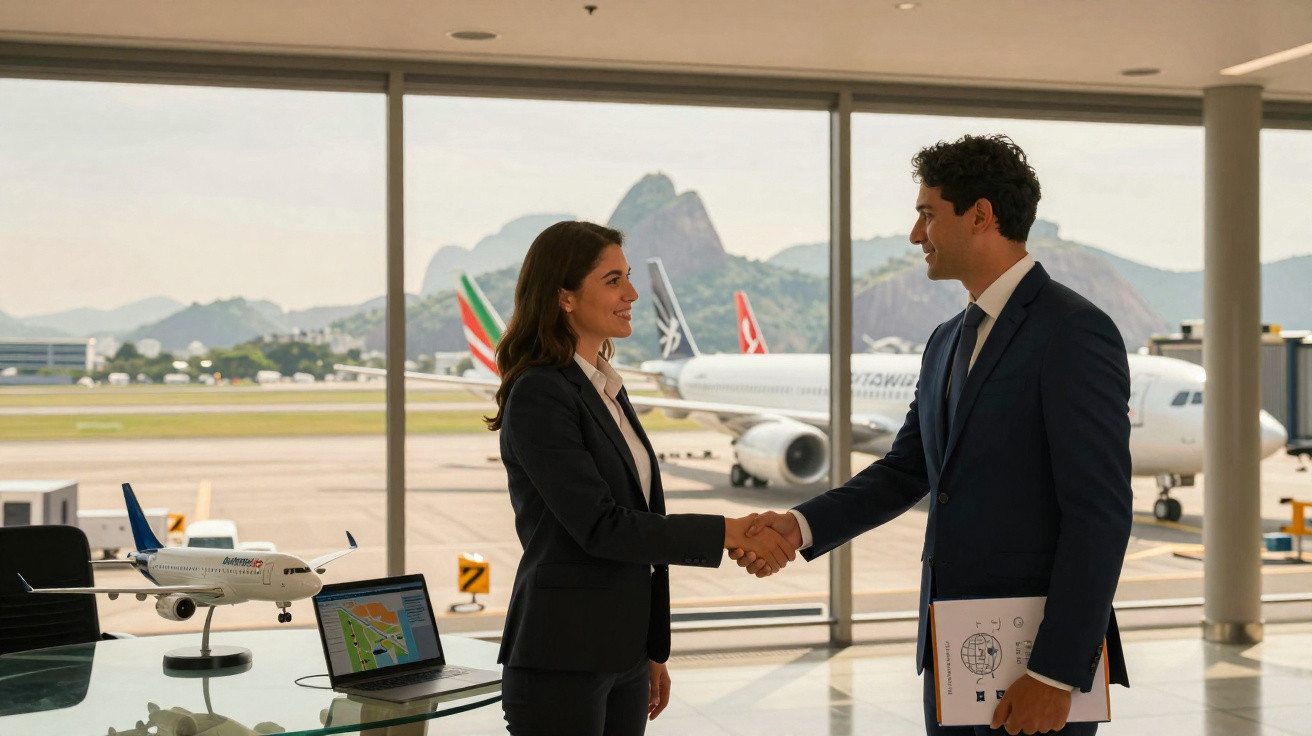 Duas pessoas em terno apertam as mãos em um aeroporto com janelas e aviões ao fundo.