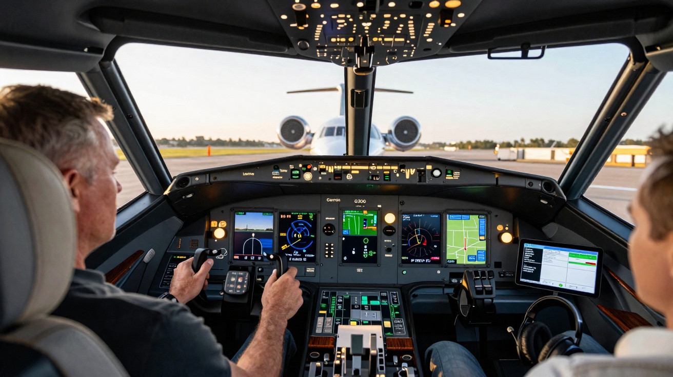 Pilotos na cabine de comando com painel digital e avião estacionado à frente na pista de aeroporto.