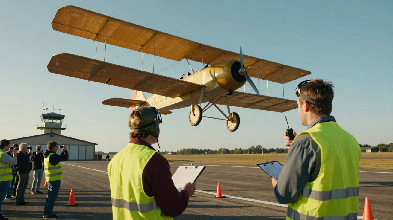 Avião antigo de madeira em decolagem com equipe de técnicos em coletes refletivos observando na pista.