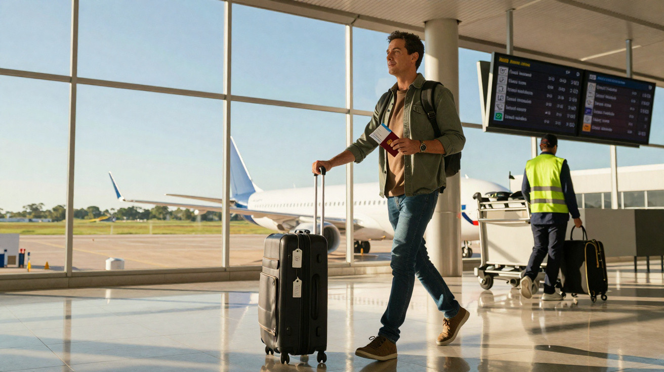 Homem caminhando no aeroporto com mala e passaporte, avião visível ao fundo pela janela.