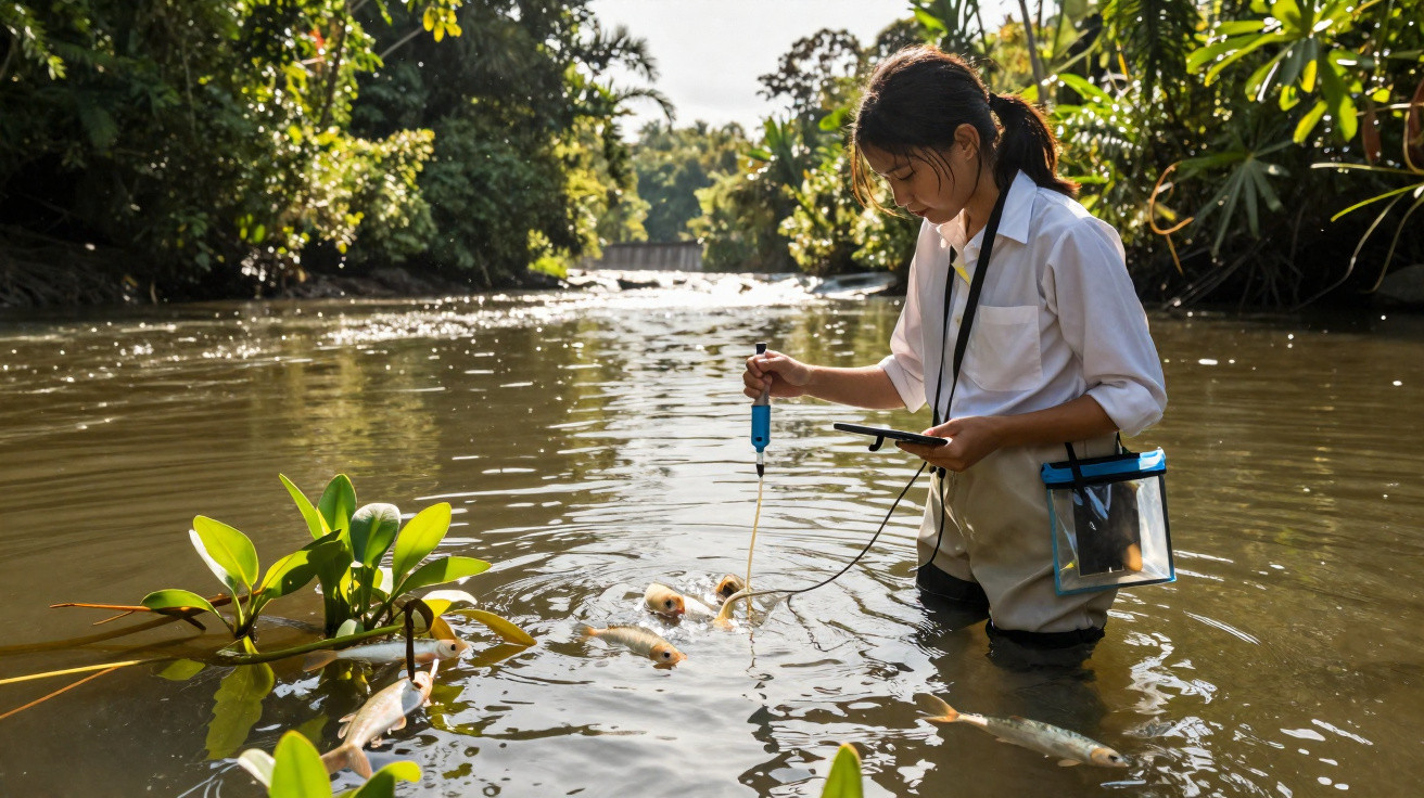 Pesquisadora coleta amostra da água de rio para análise, com plantas aquáticas e vegetação ao redor.