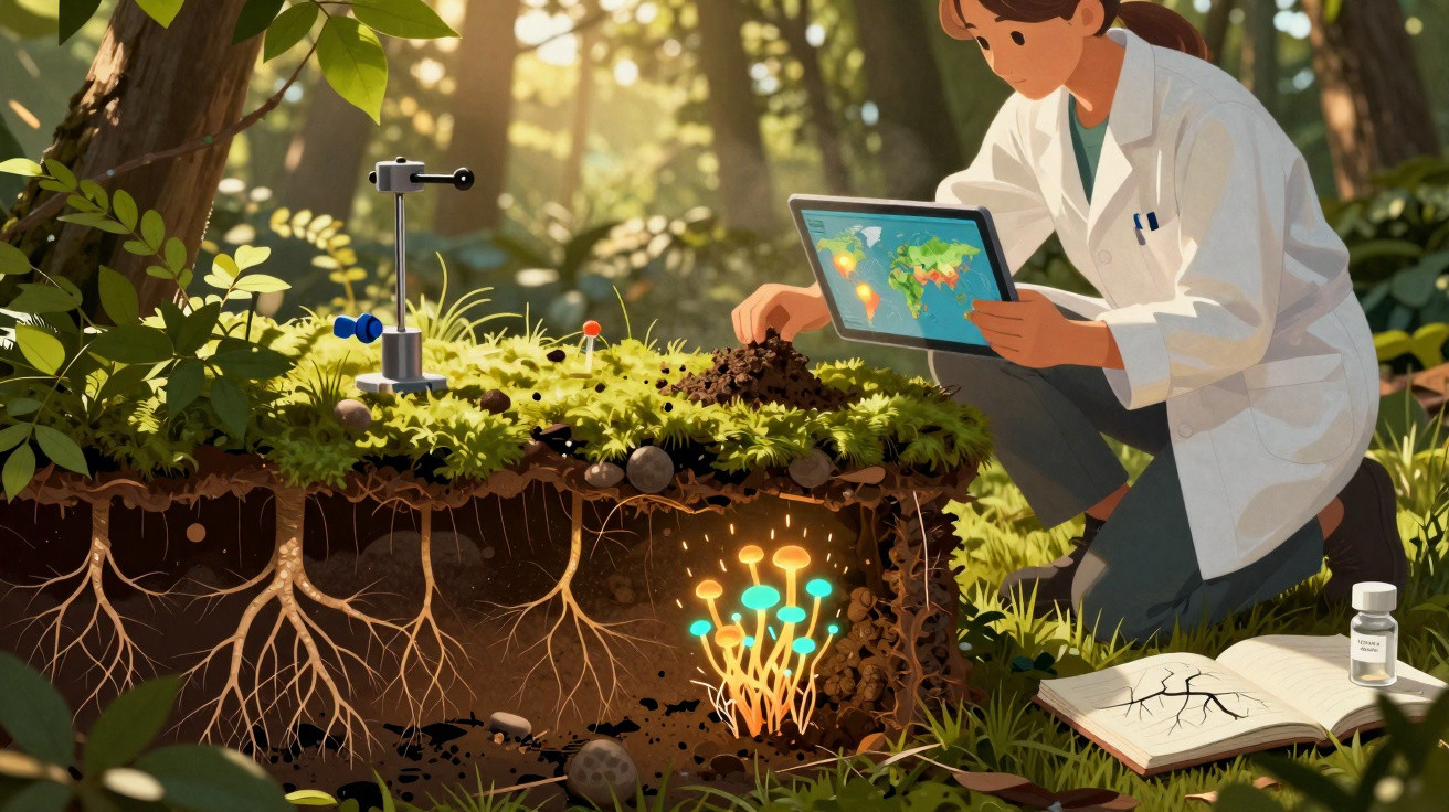 Cientista em laboratório ao ar livre análise o solo com tablet, destacando raízes e cogumelos subterrâneos.