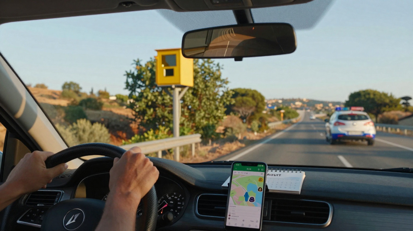 Motorista dirigindo com celular em suporte e viatura policial à frente em estrada com radar amarelo.