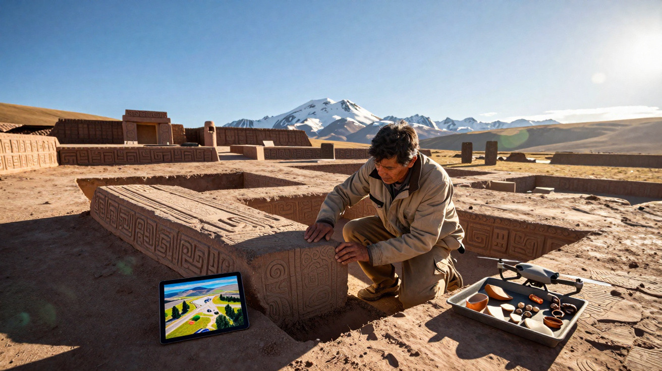 Arqueólogo inspeciona ruínas antigas com montanha nevada ao fundo e tablet ao lado.