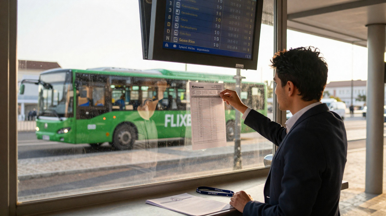 Homem verifica horário de ônibus em ponto de ônibus com ônibus verde da empresa FlixBus estacionado.
