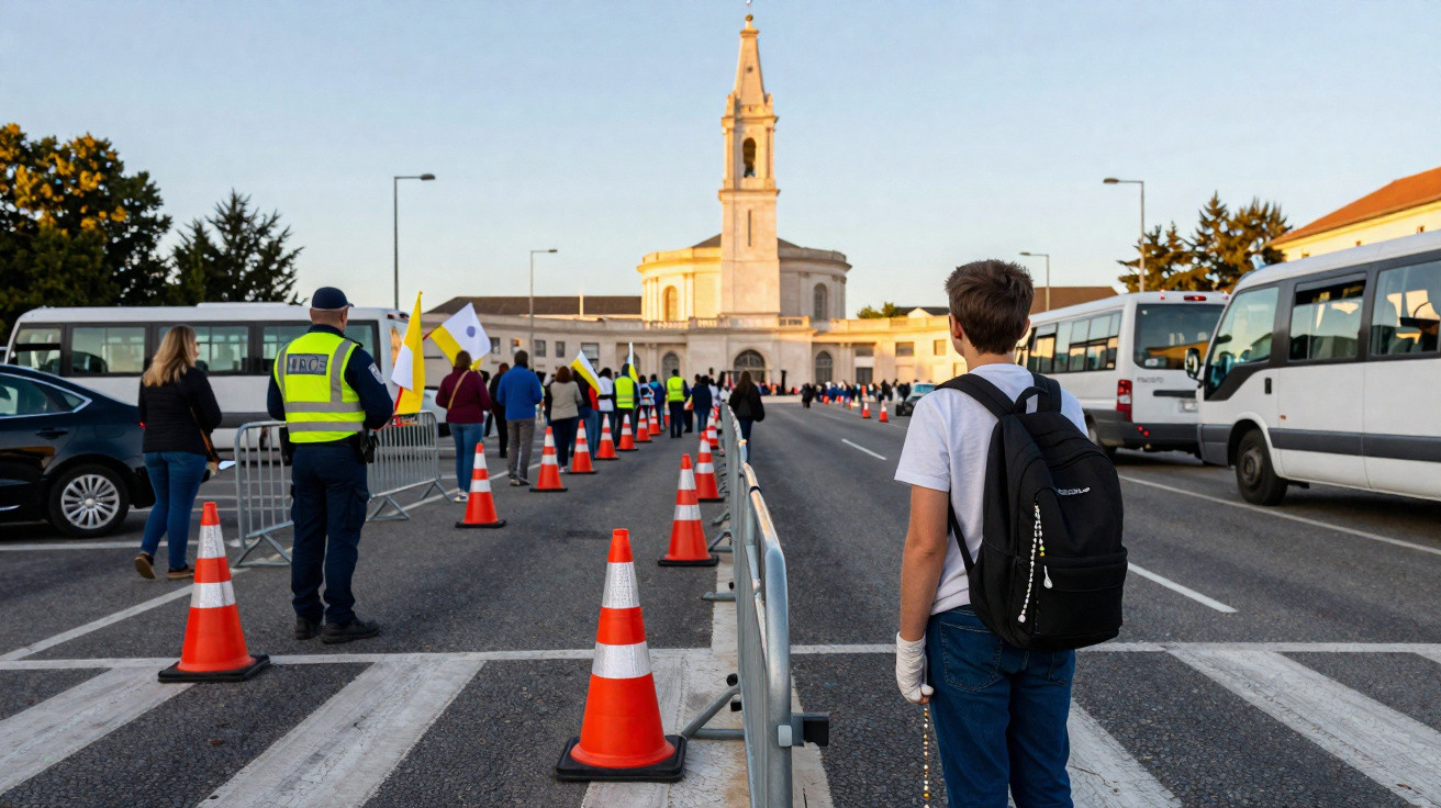 Pessoas em fila organizadas por cones e grades em frente a edifício religioso ao pôr do sol.