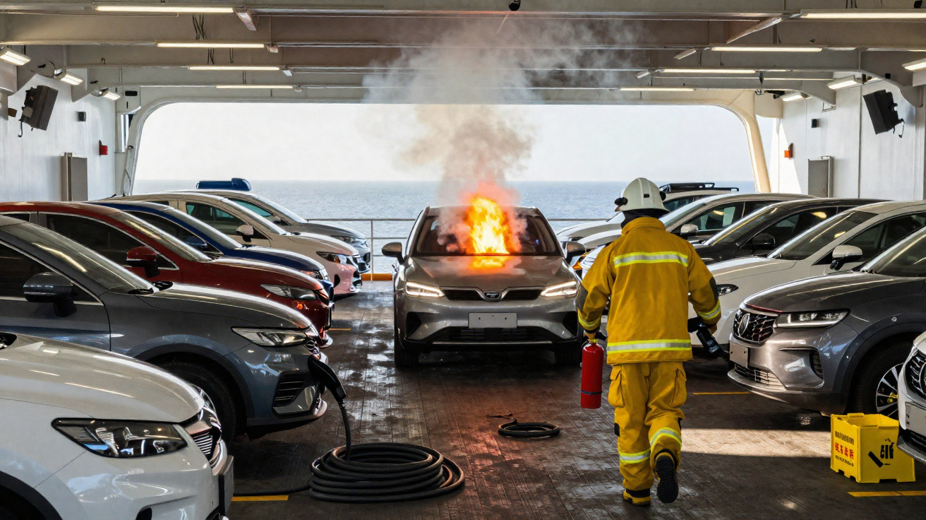 Carro elétrico pegando fogo em garagem de ferry, bombeiro caminha com extintor para apagar as chamas.