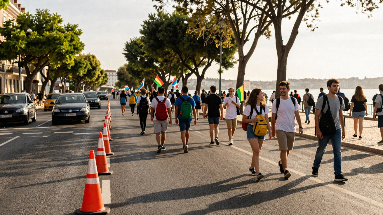 Pessoas caminhando em rua urbana com cones laranja, árvores e bandeiras coloridas ao entardecer.