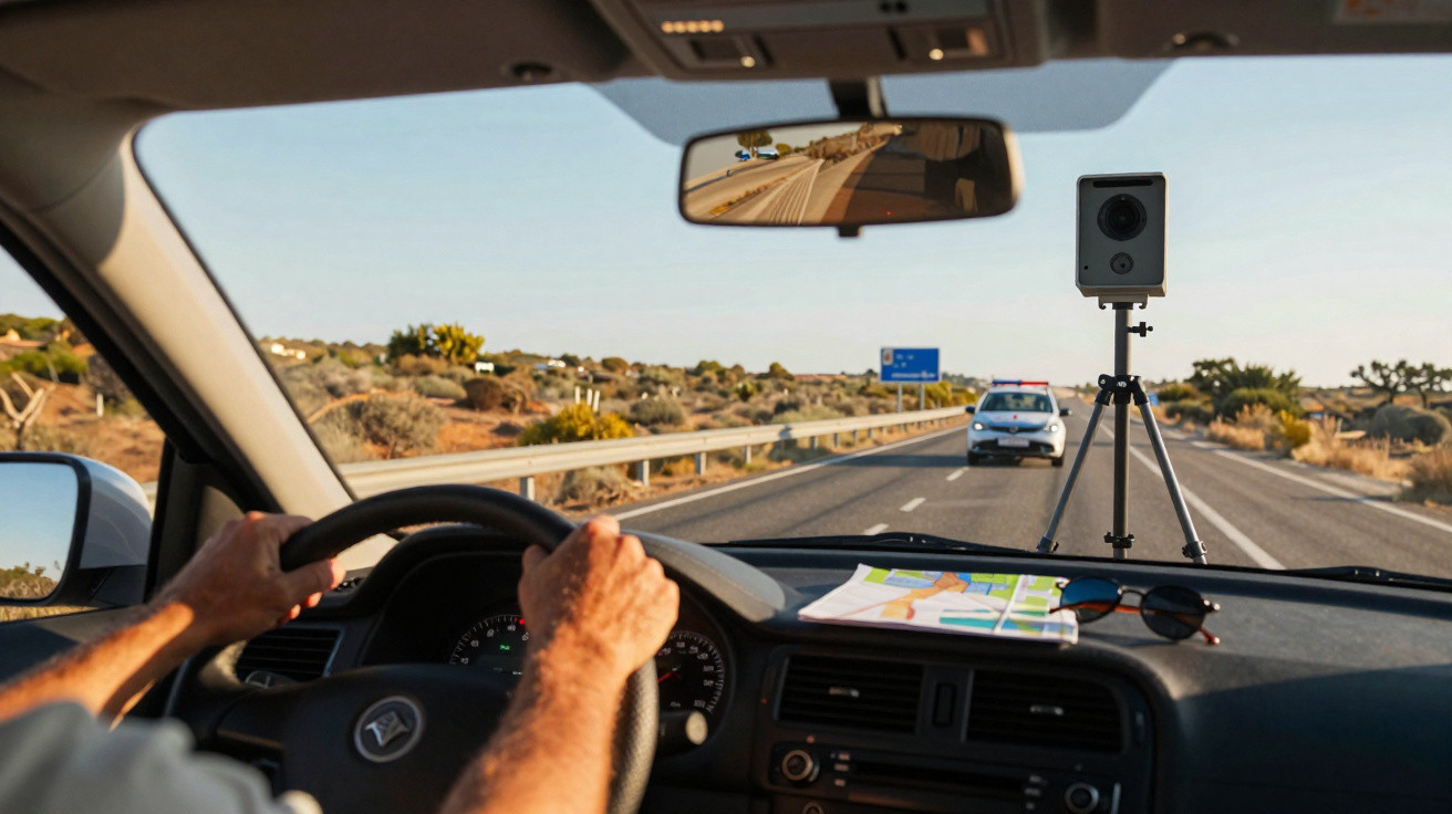 Vista do interior de um carro com motorista, câmera de radar e viatura policial em estrada deserta.