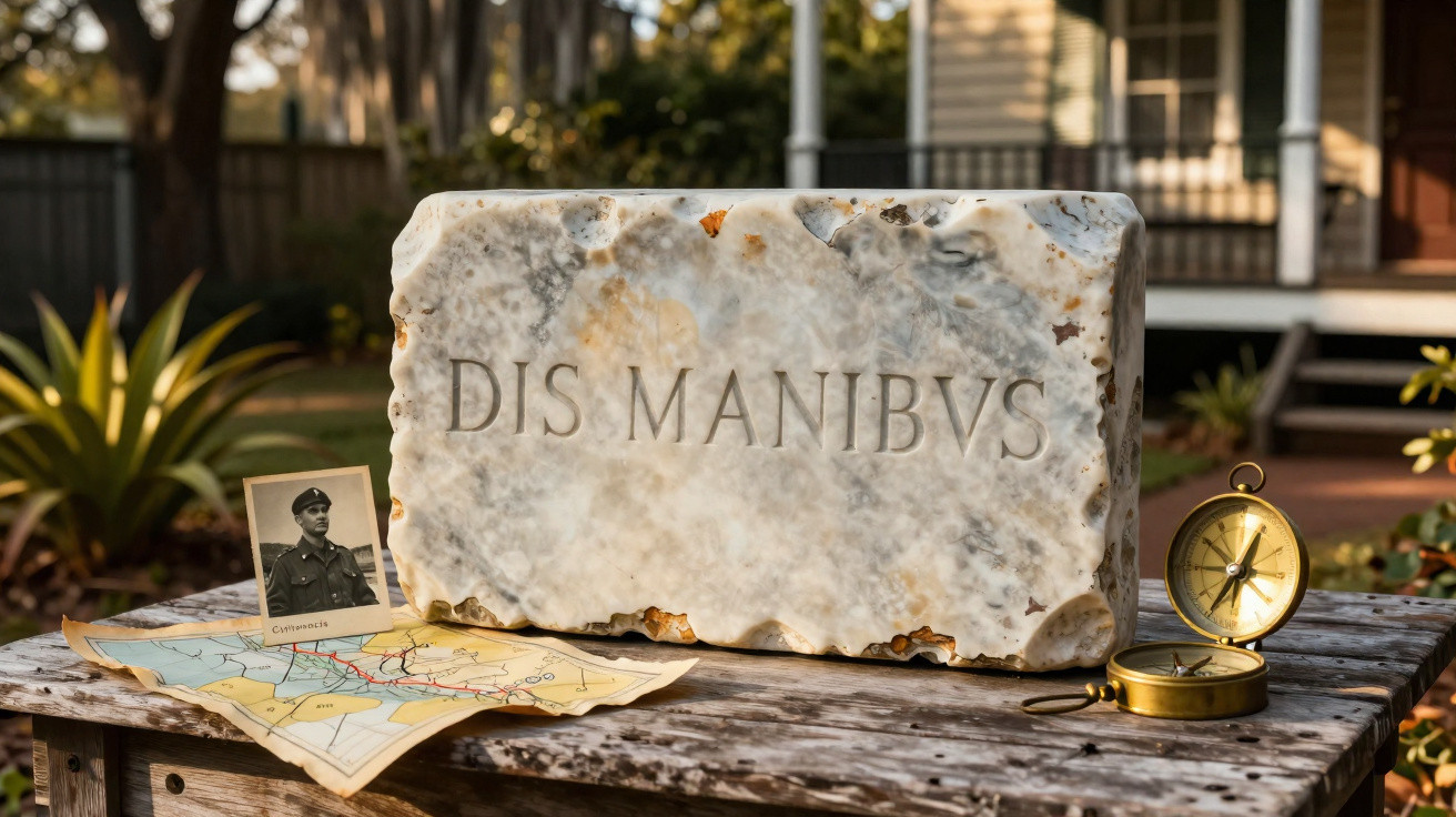 Bloco de pedra com a inscrição "DIS MANIBVS" sobre mesa de madeira ao ar livre, ao lado de mapa, foto antiga e bússola.
