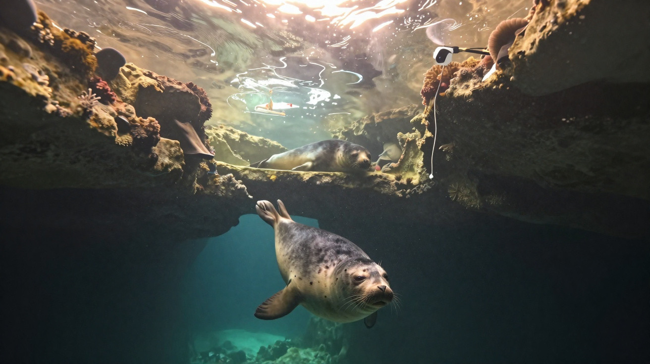 Foca nadando em tanque com iluminação natural e corais no teto rochoso do aquário.
