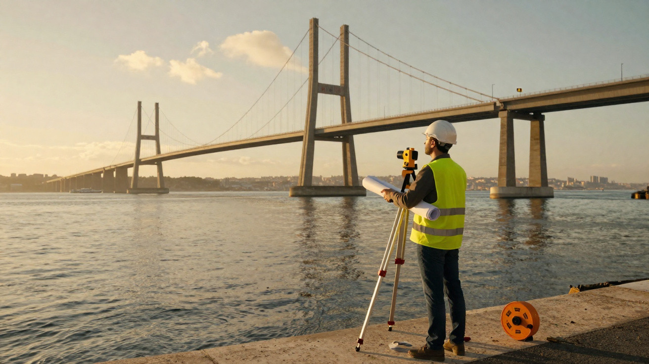 Engenheiro com colete e capacete realizando inspeção em ponte suspensa sobre rio ao pôr do sol.