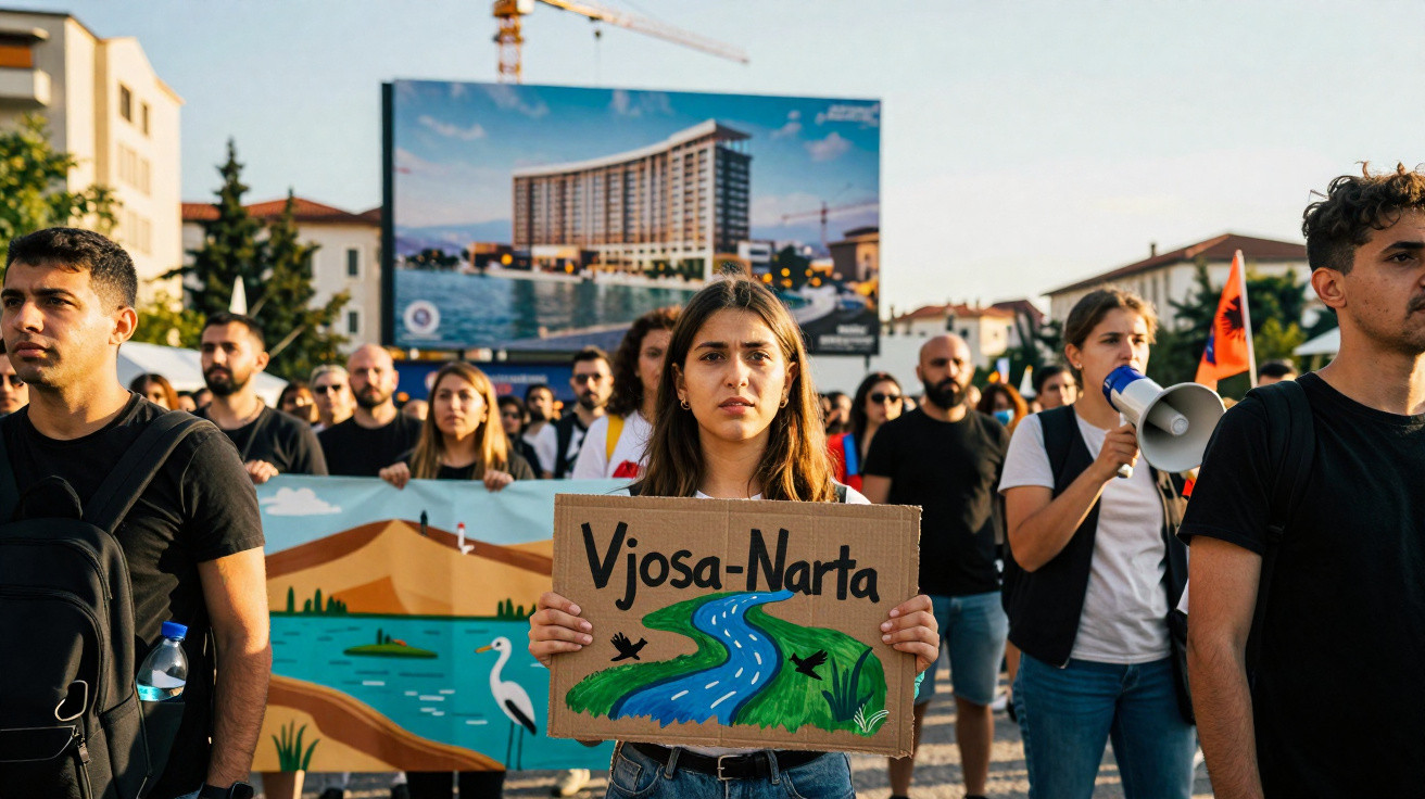 Manifestantes protestando com cartaz pintado à mão em apoio ao rio Vjosa-Narta em área urbana.