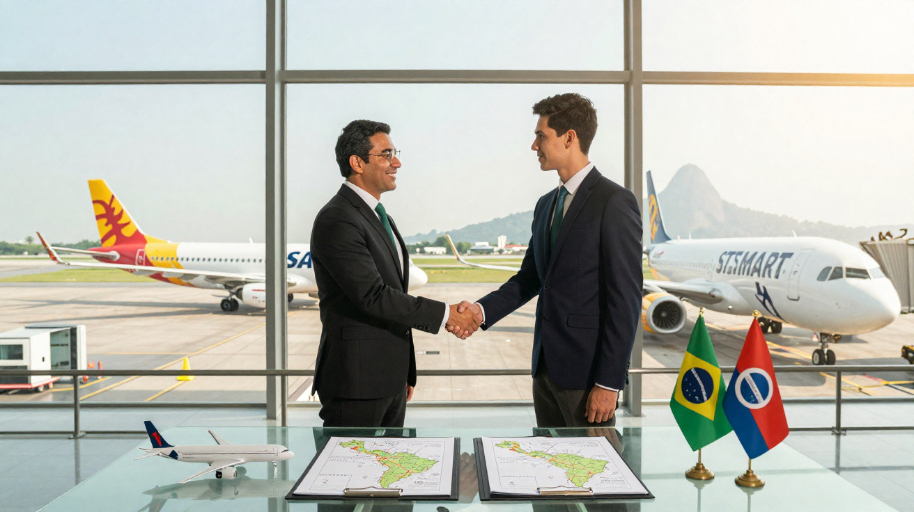 Dois homens de terno apertam as mãos em aeroporto com mapas, bandeiras do Brasil e documentação sobre a mesa.